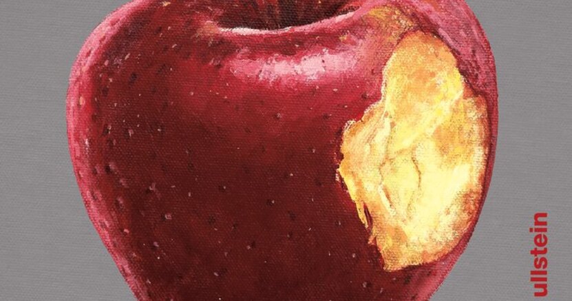 Abgebildet ist der Buchumschlag. Oben steht in rosa Großbuchstaben der Titel "Monstergott", unten in derselben Schrift die Autorin Caroline Schmidt. Dazwischen ist groß ein roter, angebissener Apfel zu sehen.