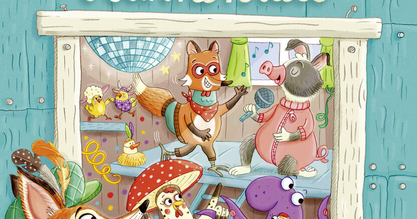 Abgebildet ist der Umschlag des Buches "Karneval im Hühnerstall". Zu sehen ist ein Fuchs mit Federschmuck und verkleidete Hühner.