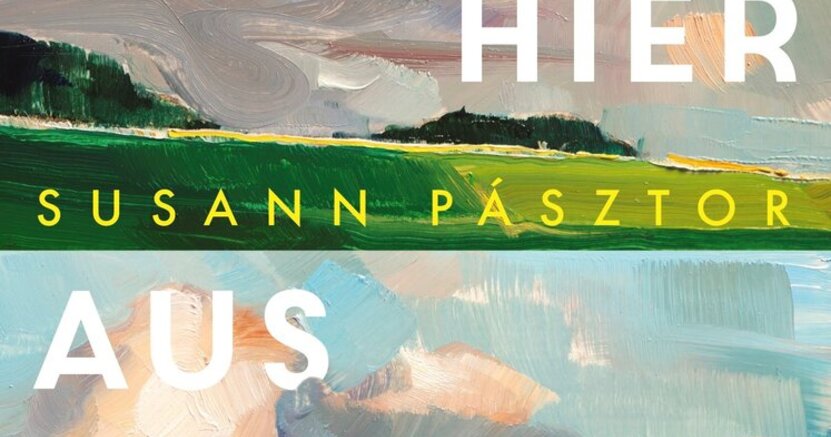 Der Umschlag des Buches "Von hier aus weiter" zeigt ein Gemälde mit Wolken und grüner Landschaft