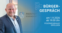 Das Bild zeigt links Bürgermeister Marcus Kretschmann, im Hintergrund ist das Wappen der Stadt zu sehen. Rechts steht: Bürgergespräch am 1.9.2026. Feuerwehrhaus Erfelden