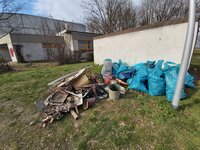 Auch bei der alljährlichen Riedstädter Müllsammelaktion im Frühjahr wird stets erschreckend viel Unrat am Erfelder Altrheinufer eingesammelt. Viele prall gefüllte blaue Müllsäcke sowie verschmutzte Metallteile, zerbrochene Keramik und vieles mehr liegen auf einer Wiese vor einer Mauer. Sie wurden bei einer früheren Müllsammelaktion am Erfelder Altrheinufer gefunden.