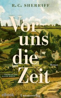 Buchcover: „Vor uns die Zeit“ Abgebildet ist der Buchumschlag mit dem Titel "Vor uns die Zeit". Hinter der Schrift ist ein Gemälde mit Feldern, Hügeln und einzelnen Häusern zu sehen.