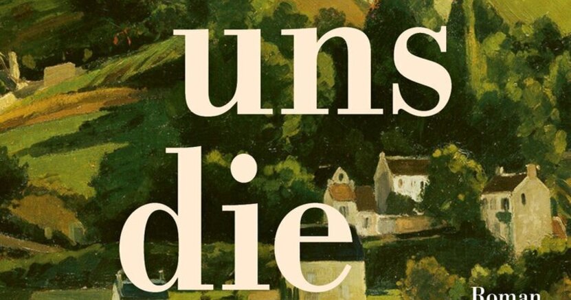 Buchcover: „Vor uns die Zeit“ Abgebildet ist der Buchumschlag mit dem Titel "Vor uns die Zeit". Hinter der Schrift ist ein Gemälde mit Feldern, Hügeln und einzelnen Häusern zu sehen.