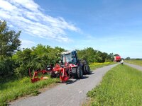 Mähtraktor vor einer großen Fläche mit Glattem Zackenschötchen Ein großer Mähtraktor mäht seitlich von einem Deichweg Pflanzen ab.