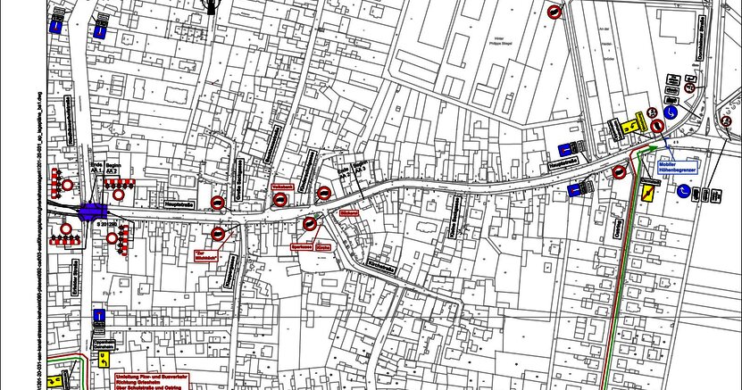 Die innerörtliche Umleitung für Pkw und Busse führt über Ostring und Schulstraße. Auf der Straßenkarte von Leeheim ist der Beginn der innerörtlichen Umleitung eingezeichnet.