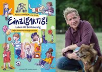 Auf der linken Seite ist der Umschlag des Buches "Einzigartig" abgebildet. Rund um den Titel sind gemalte Kinder mit und ohne Behinderung zu sehen.