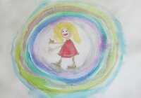 Gezeigt wird ein Gemälde aus der Bannerausstellung. Es zeigt einen Menschen in der Mitte von bunten Kreisen.