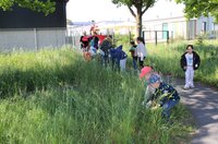 Kinder suchen mit Greifzangen am Wegesrand nach Müll.
