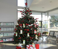 Der Wunschbaum im Rathausfoyer, geschmückt mit Weihnachtskugeln und Zetteln mit Wünschen.