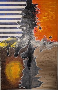 Ein Gemälde der Künstlerin Aida Hiseni Ein Gemälde der Künstlerin Aida Hiseni mit Farben in Orange, grau und beige.