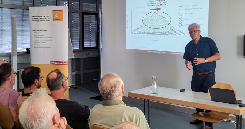 Rudolf Bersch steht an einem Tisch im Sitzungssaal des Rathauses. Hinter ihm ist an der Wand eine Grafik aus seinem Vortrag zu sehen. Vor ihm sitzen Zuschauer und hören ihm zu.